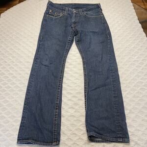 True Religion Ricky Jeans Mens 33 Blue Straight Leg Flap Pockets Made USA